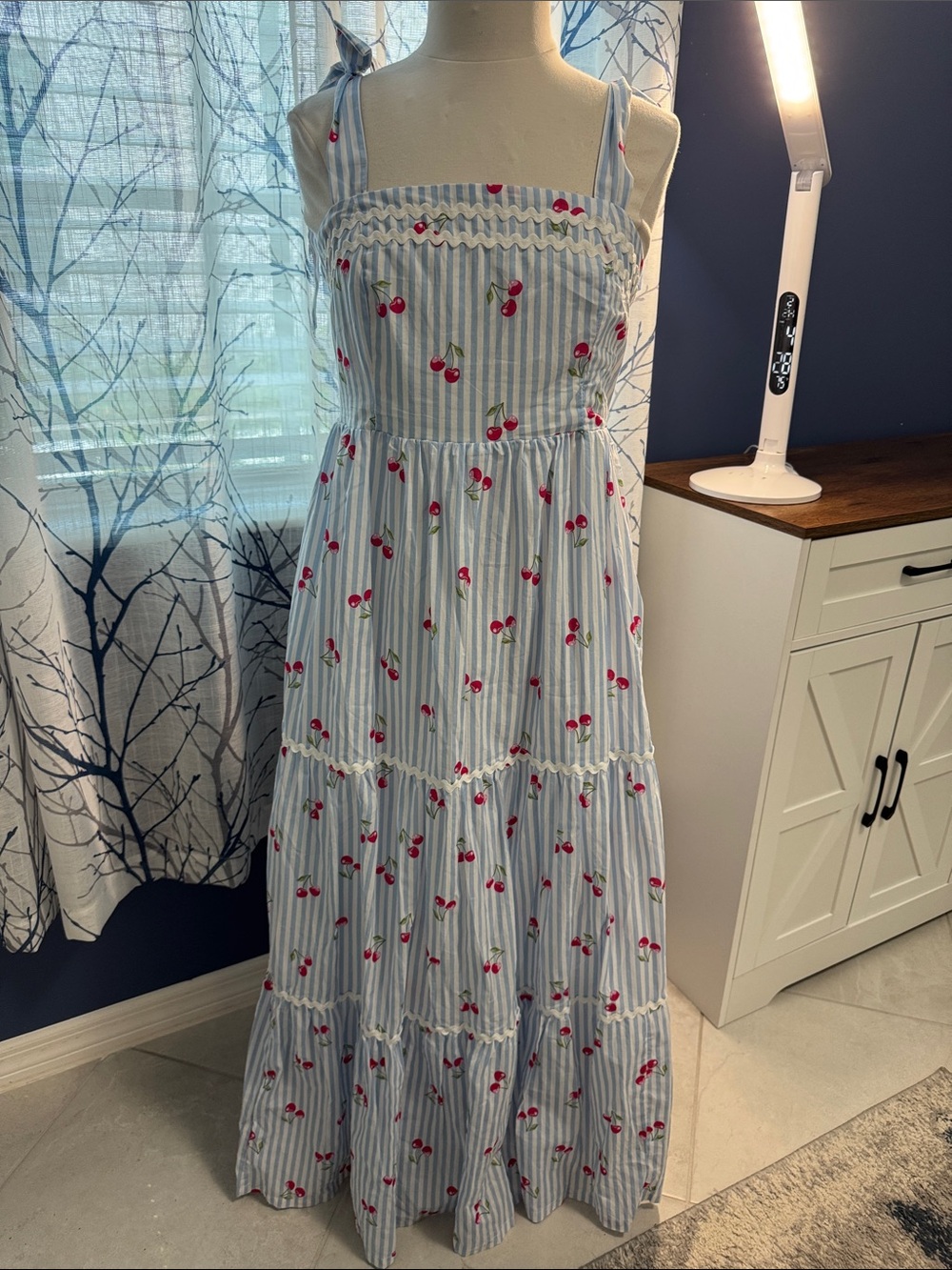 Rachel Zoe - Striped Blue Cherry Maxi Sundress with Tie Straps